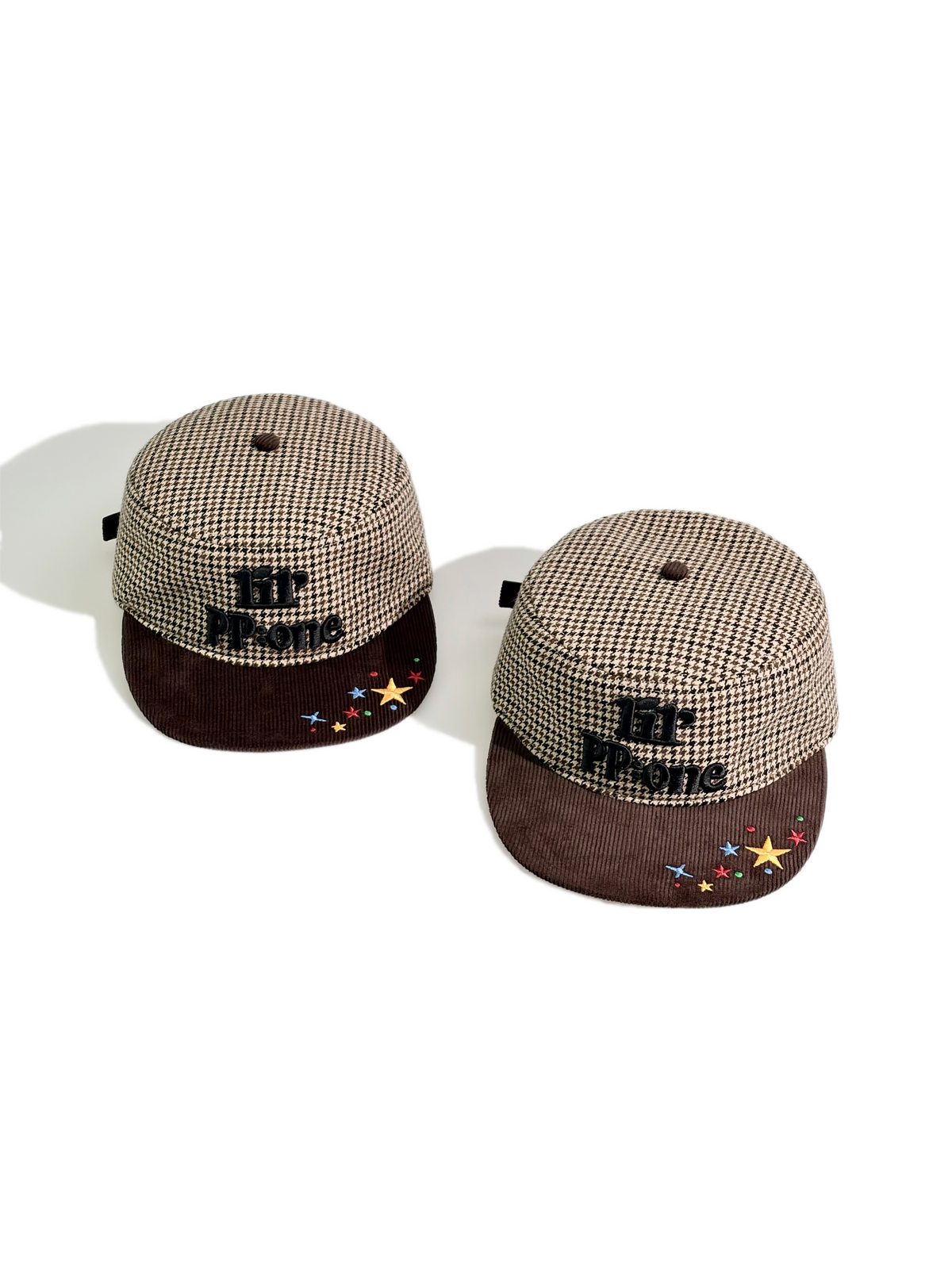 PP:ONE ロゴ刺繍 千鳥格子 コーデュロイフラットバイザーキャップ